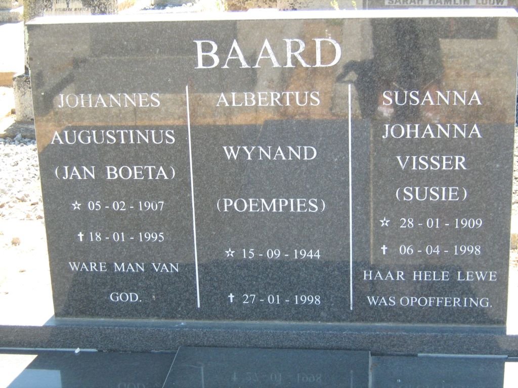 BAARD Johannes Augustinus 1907-1995 &amp; Susanna Johanna VISSER 1909-1998 :: BAARD Albertus Wynand 1944-1998