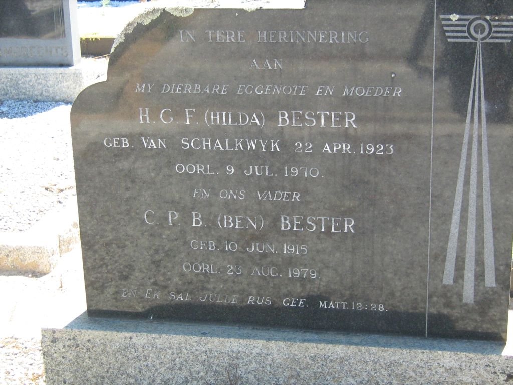 BESTER C.P.B. 1915-1979 &amp; H.G.F. VAN SCHALKWYK 1923-1970