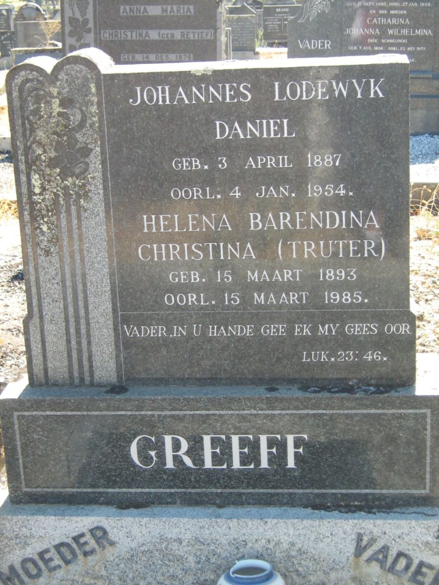 GREEFF Johannes Lodewyk Daniel 1887-1954 &amp; Helena Barendina Christina TRUTER 1893-1985