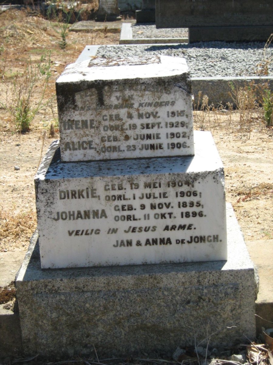 JONGH Johanna, de 1895-1896 :: DE JONGH Alice 1902-1906 :: DE JONGH Dirkie 1904-1906 :: DE JONGH Irene 1915-1929 ::