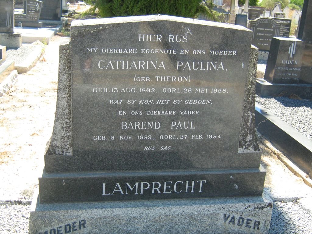 LAMBRECHT Barend Paul 1889-1984 &amp; Catharina Paulina THERON 1892-1958