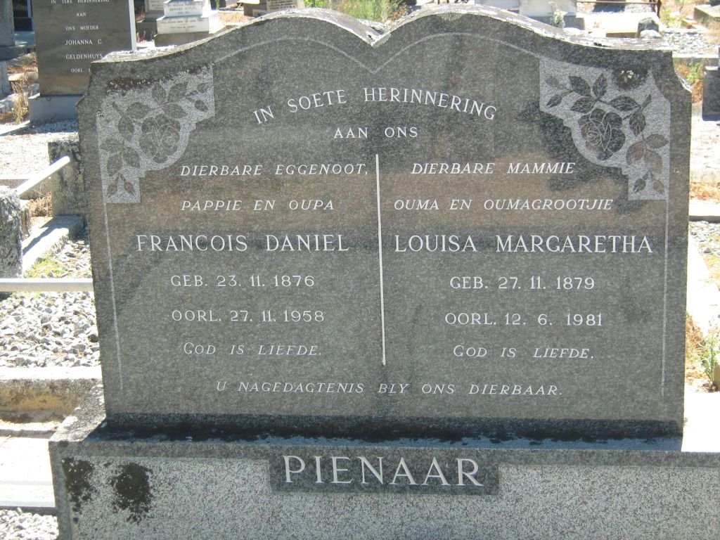PIENAAR Francois Daniel 1876-1958 &amp; Louisa Margaretha 1879-1981