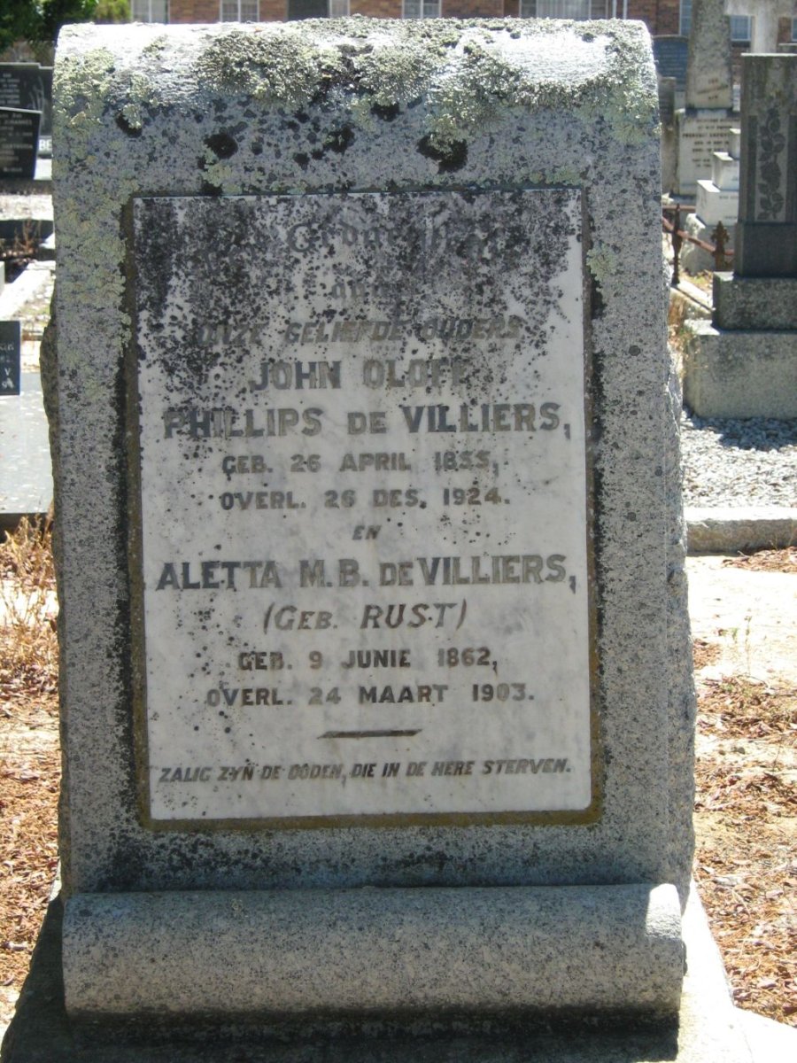 VILLIERS John Oloff Phillips, de 1855-1924 &amp; Aletta M.B. RUST  1862-1903