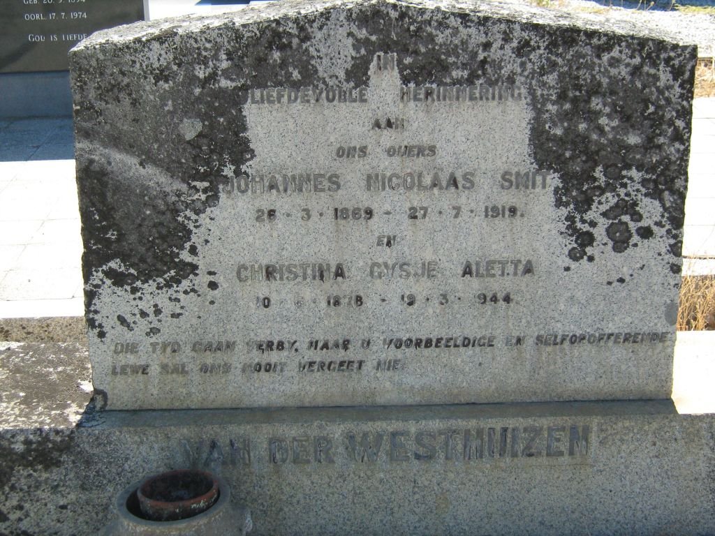 WESTHUIZEN Johannes Nicolaas Smit, van der 1869-1919 &amp; Christina Gysje Aletta 1878-1944