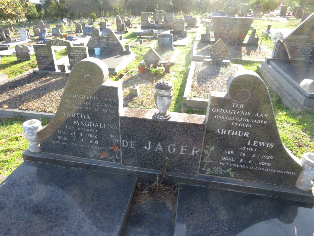 JAGER Arthur Lewis, de 1929-2009 &amp; Martha Magdalena BOSHOFF 1932-1992
