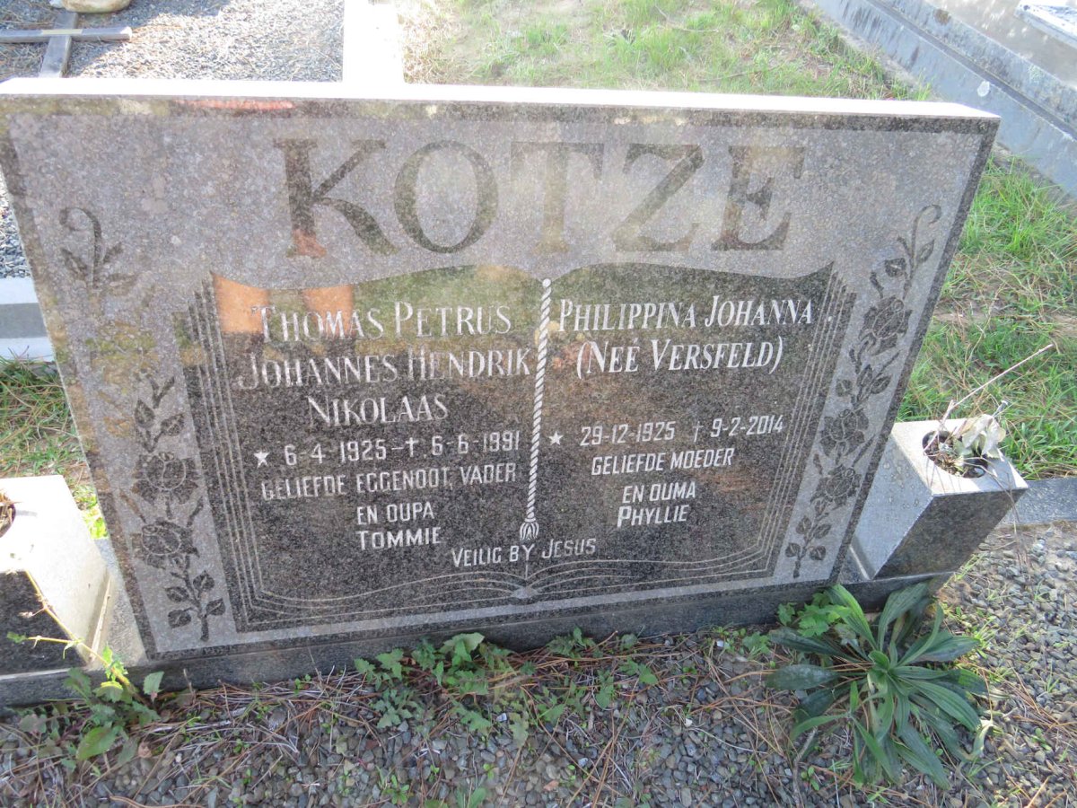 KOTZE Thomas Petrus Johannes Hendrik Nikolaas 1925-1991 &amp; Philippina Johanna VERSVELD 1925-2014