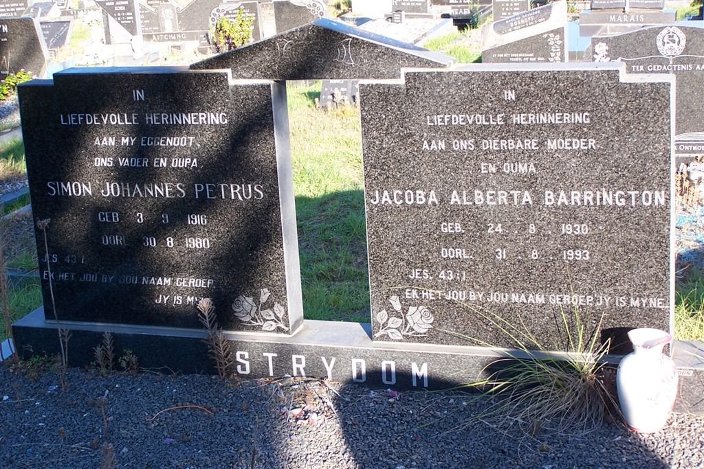 STRYDOM Simon Johannes Petrus 1916-1980 &amp; Jacoba Alberta BARRINGTON 1930-1993