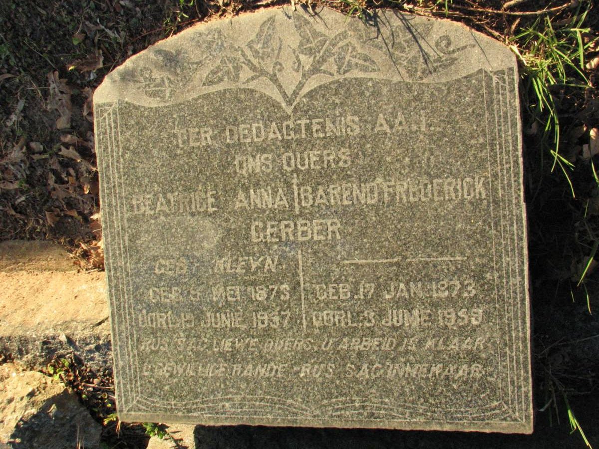 GERBER Barend Frederick 1873-1959 &amp; Beatrice Anna KLEYN 1875-1957