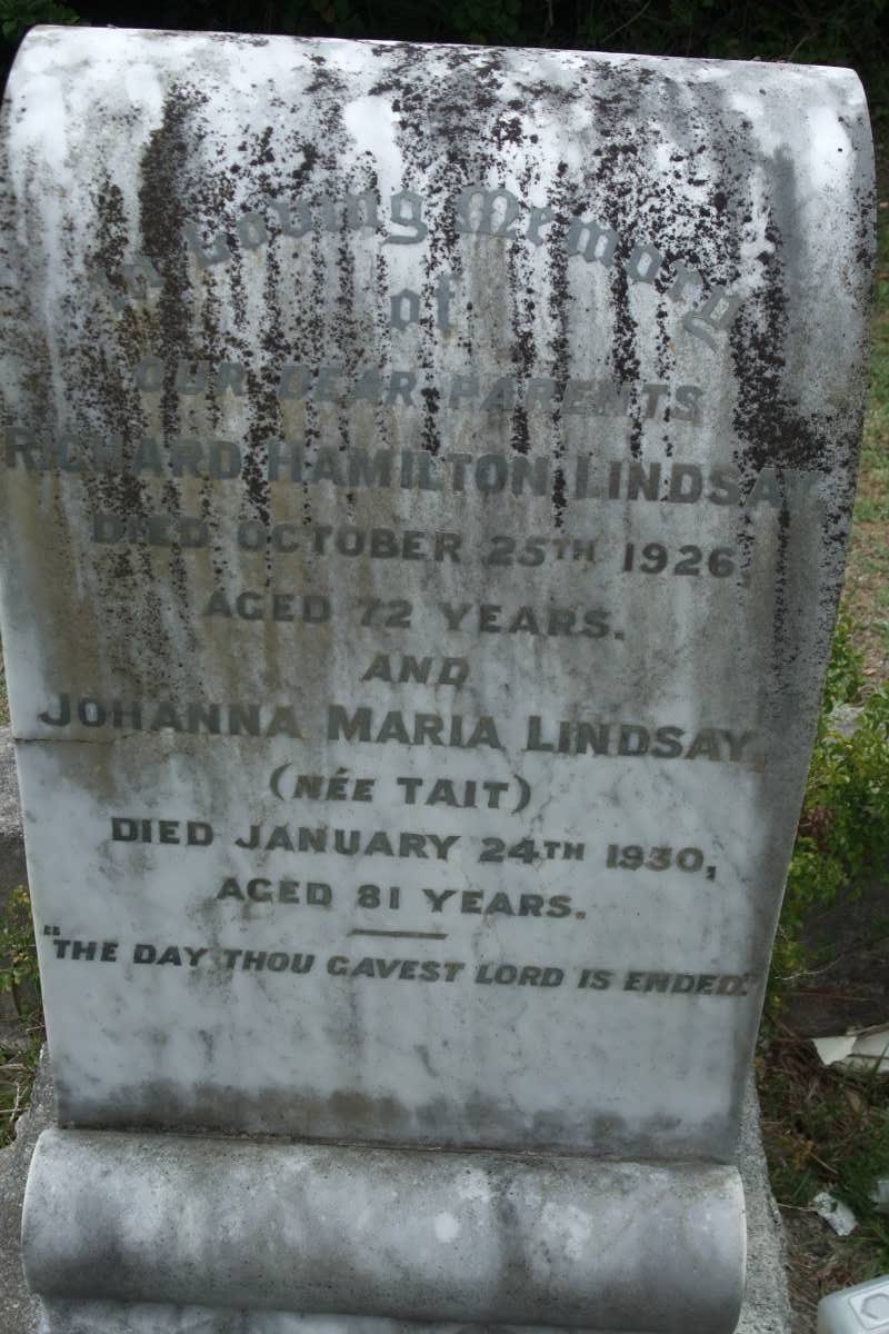 LINDSAY Richard Hamilton -1926 &amp; Johanna Maria TAIT -1930