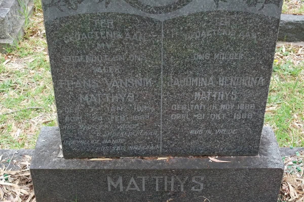 MATTHYS Frans Vansnik 1885-1958 &amp; Jacomina Hendrina TAIT 1898-1968