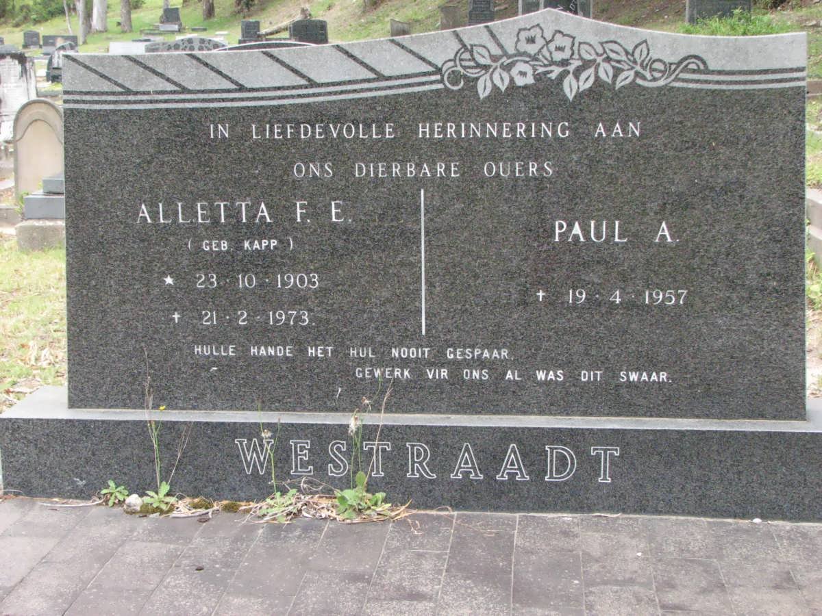 WESTRAADT Paul A. -1957 &amp; Alletta F.E. KAPP 1903-1973