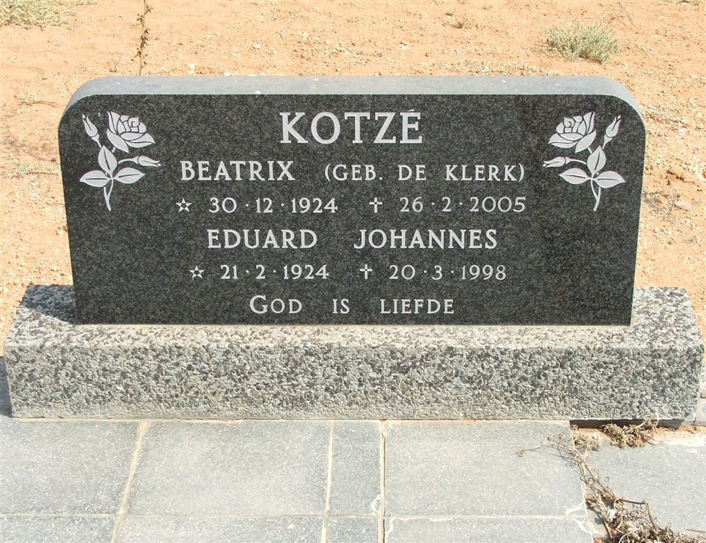 KOTZÉ Eduard Johannes 1924-1998 &amp; Beatrix DE KLERK 1924-2005