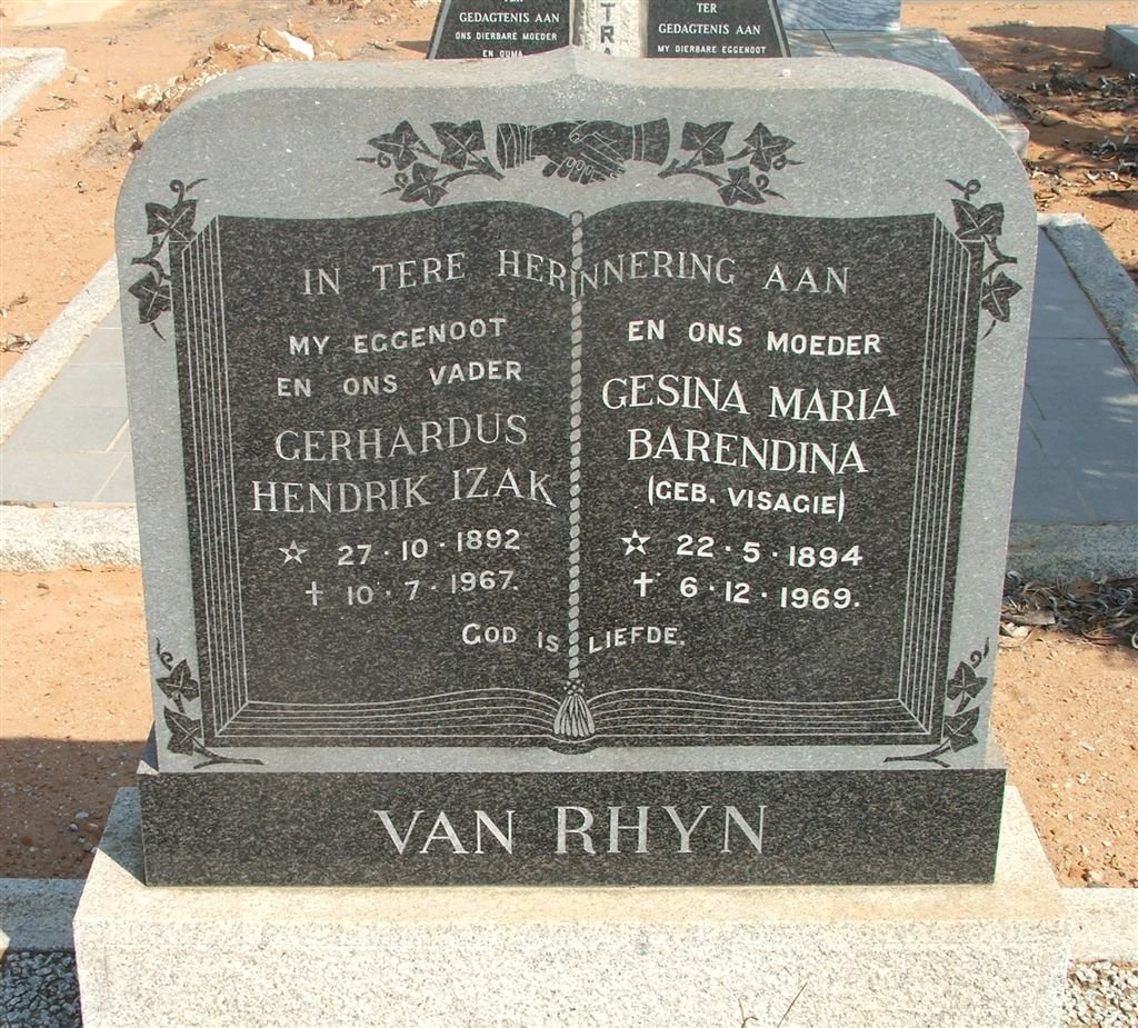 RHYN Gerhardus Hendrik Izak, van 1892-1967 &amp; Gesina Maria Barendina VISAGIE 1894-1969