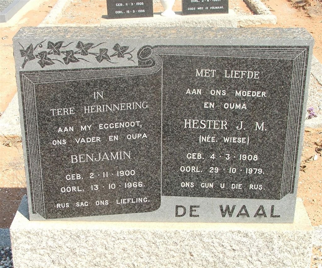 WAAL Benjamin, de 1900-1966 &amp; Hester J.M. WIESE 1908-1979