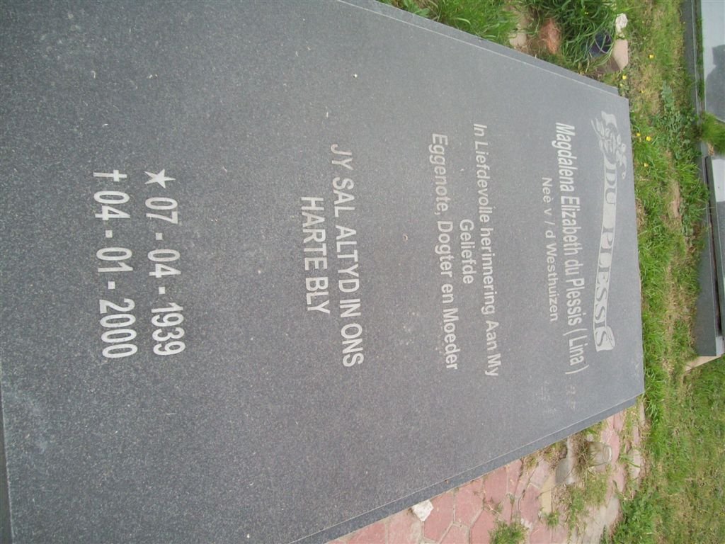 PLESSIS Magdalena Elizabeth, du nee V.D. WESTHUIZEN 1939-2000