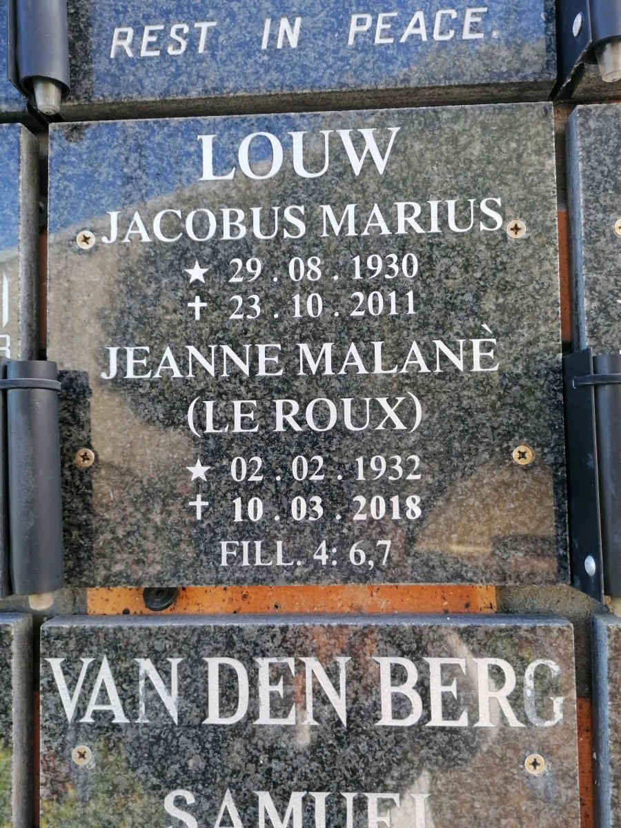 LOUW Jacobus Marius 1930-2011 &amp; Jeanne Malane LE ROUX 1932-2018