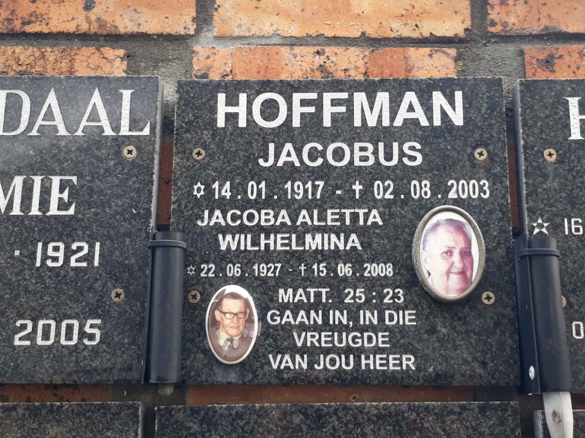 HOFFMAN Jacobus 1917-2003 &amp; Jacoba Aletta Wilhelmina 1927-2008