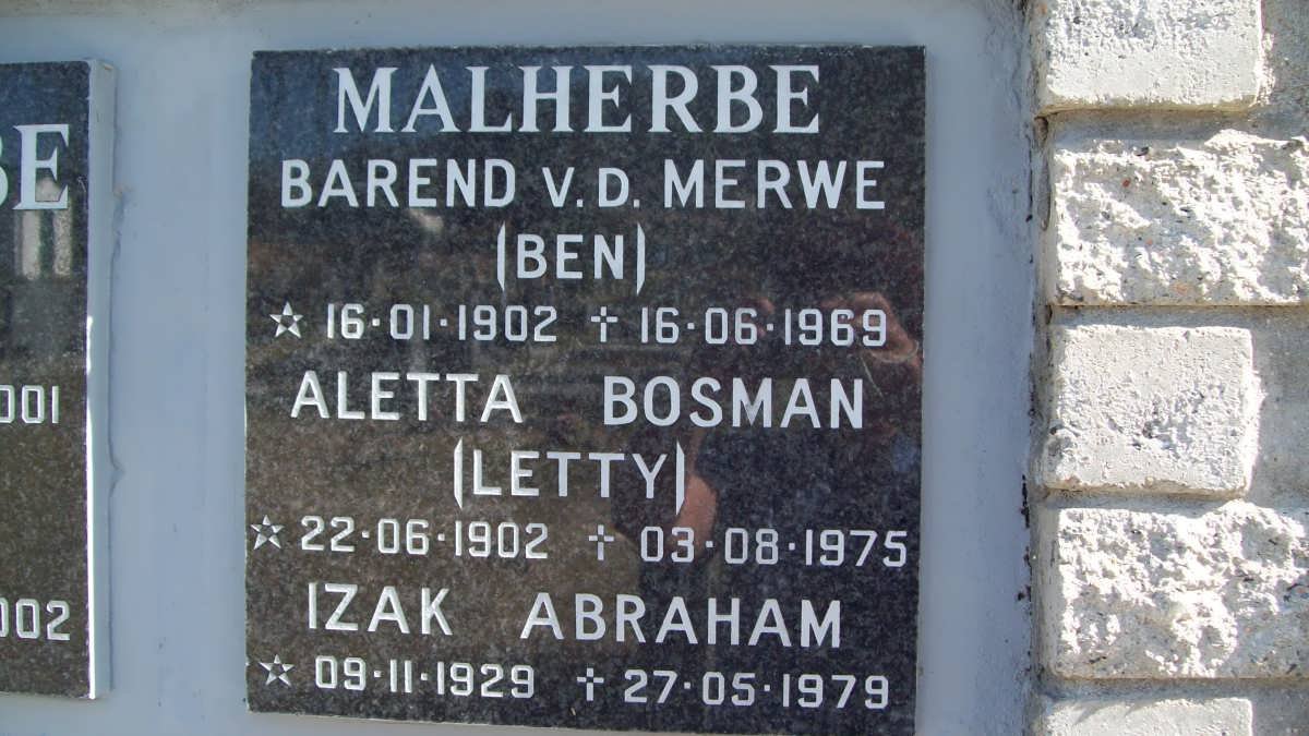MALHERBE Barend v.d. Merwe &amp; Aletta nee BOSMAN 1902-1975 :: Izak Abraham 1929-1979