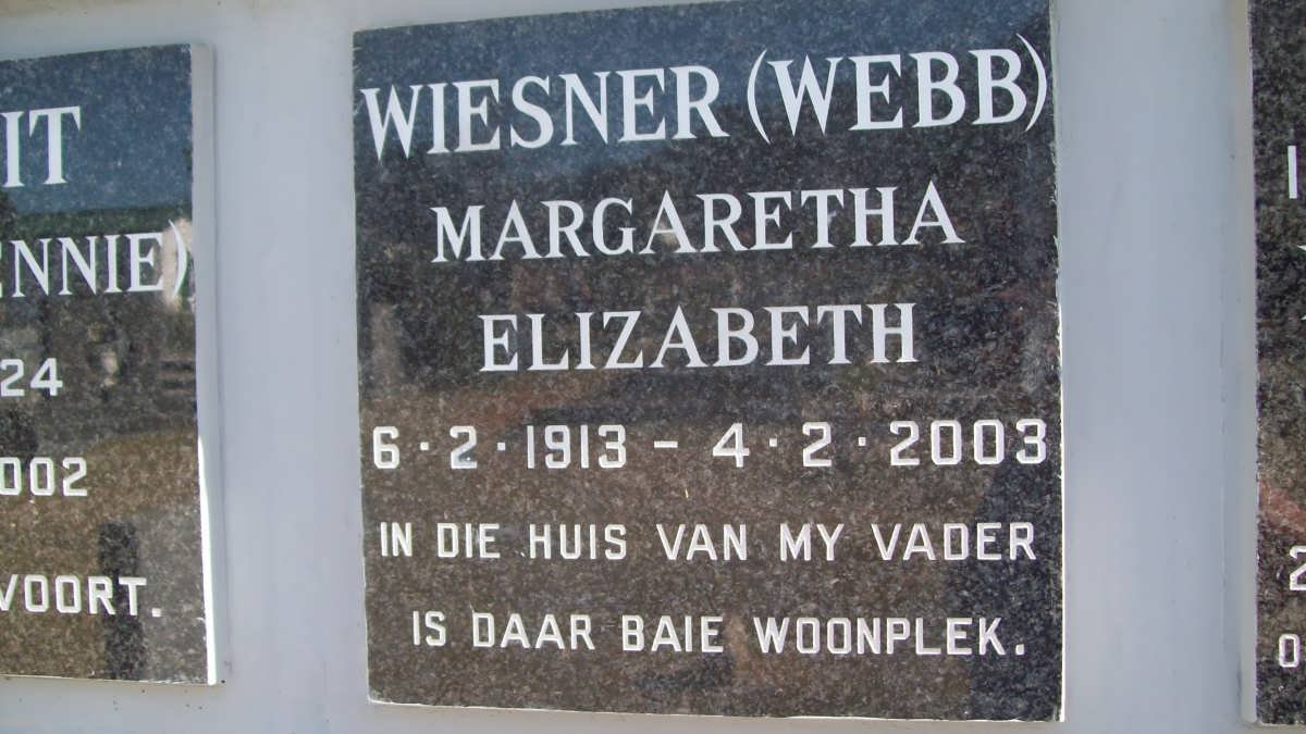 WIESNER Margaretha Elizabeth nee WEBB 1913-2003
