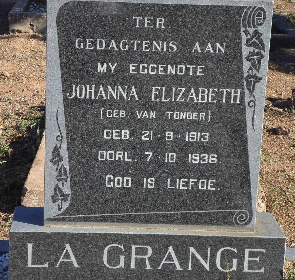 GRANGE Johanna Elizabeth, la nee VAN TONDER 1913-1936