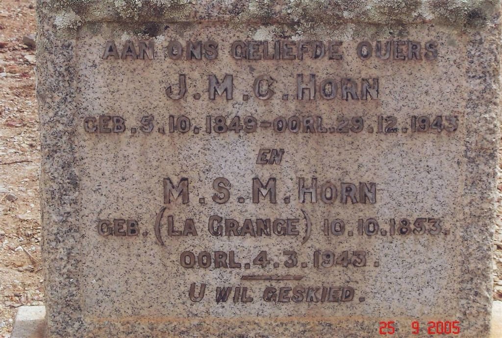 HORN J.M.C. 1849-1943 &amp; M.S.M. LA GRANGE 1853-1943