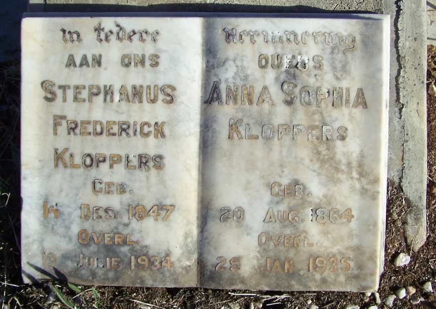 KLOPPERS Stephanus Frederick 1847-1934 &amp; Anna Sophia 1864-1935