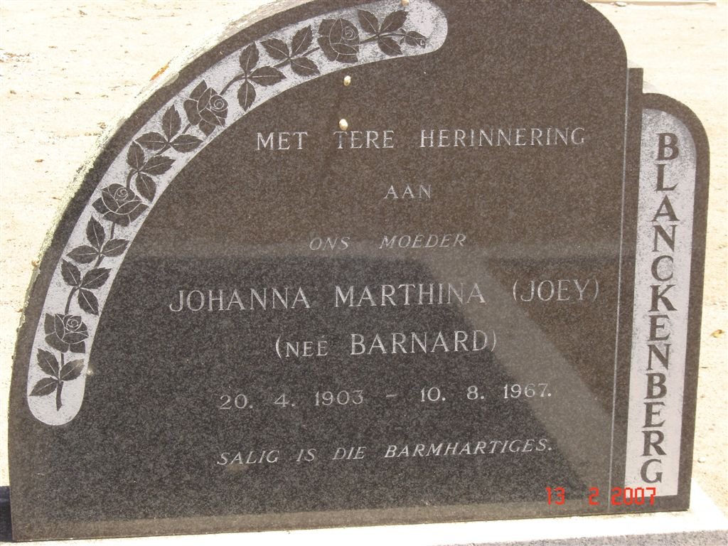 BLANCKENBERG Johanna Marthina nee BARNARD 1903-1967