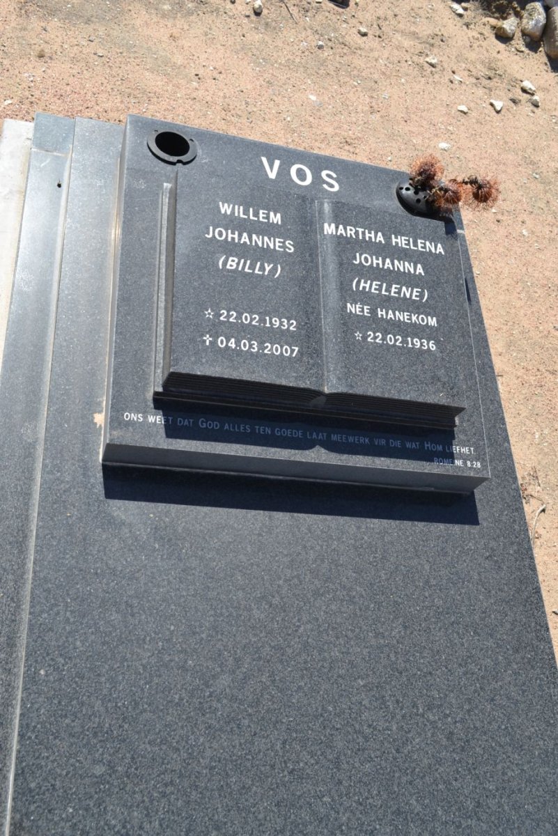 VOS Willem Johannes 1932-2007 &amp; Martha Helena Johanna HANEKOM 1936-