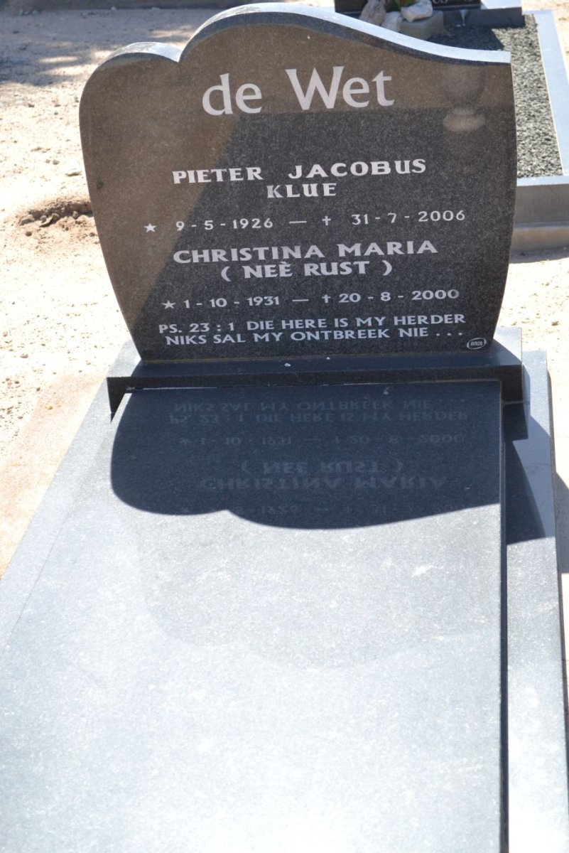 WET Pieter Jacobus Klue, de 1926-2006 &amp; Christina Maria RUST 1931-2000