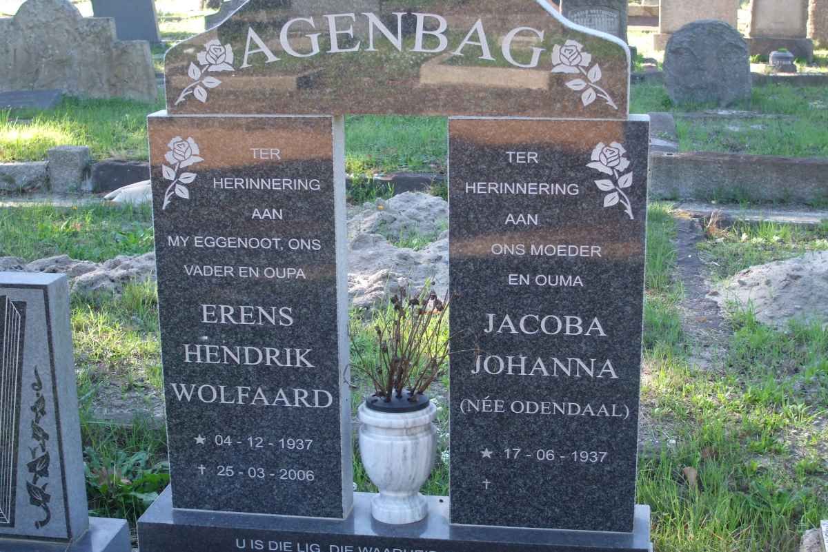 AGENBAG Erens Hendrik Wolfaard 1937-2006 &amp; Jacoba Johanna ODENDAAL 1937-