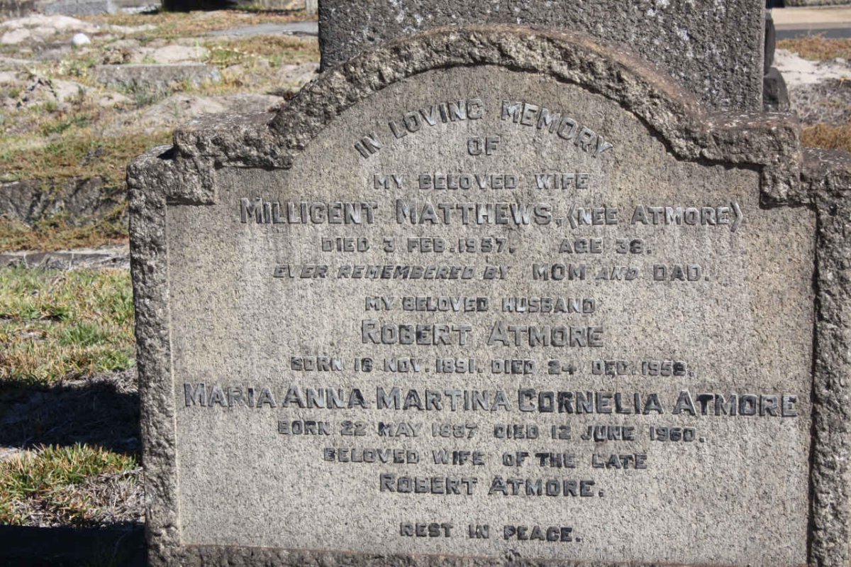 ATMORE Robert 1891-1958 &amp; Maria Anna Martina Cornelia 1887-1960 :: MATTHEWS Millicent nee ATMORE -1957