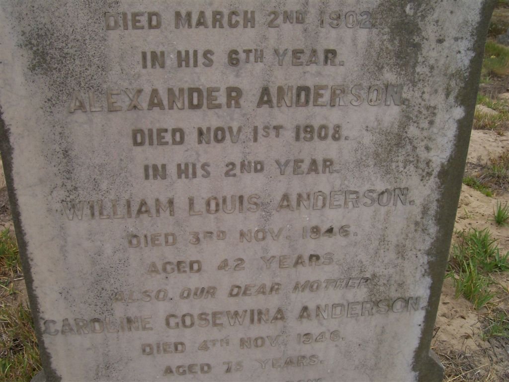 ANDERSON Alexander -1908 :: ANDERSON William Louis -1946 :: ANDERSON Caroline Gosewina -1946