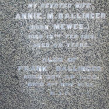 BALLINGER Frank 1882-1932 &amp; Annie M. MEWES -1919