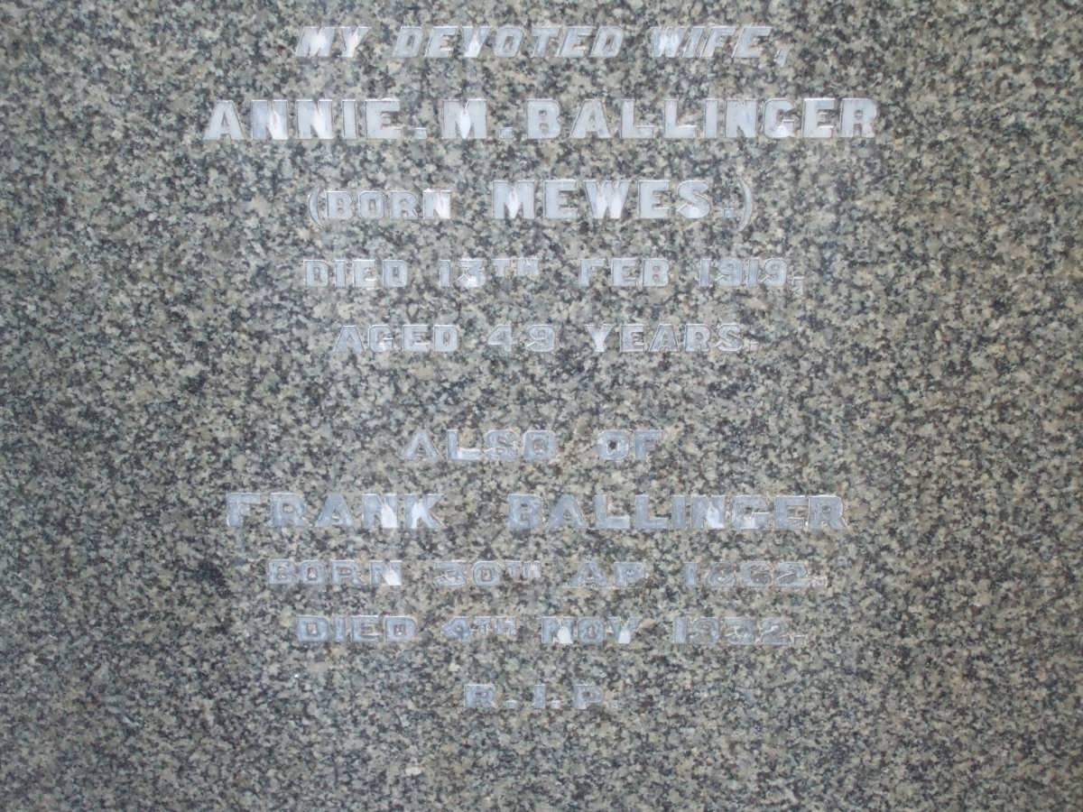 BALLINGER Frank 1882-1932 &amp; Annie M. MEWES -1919