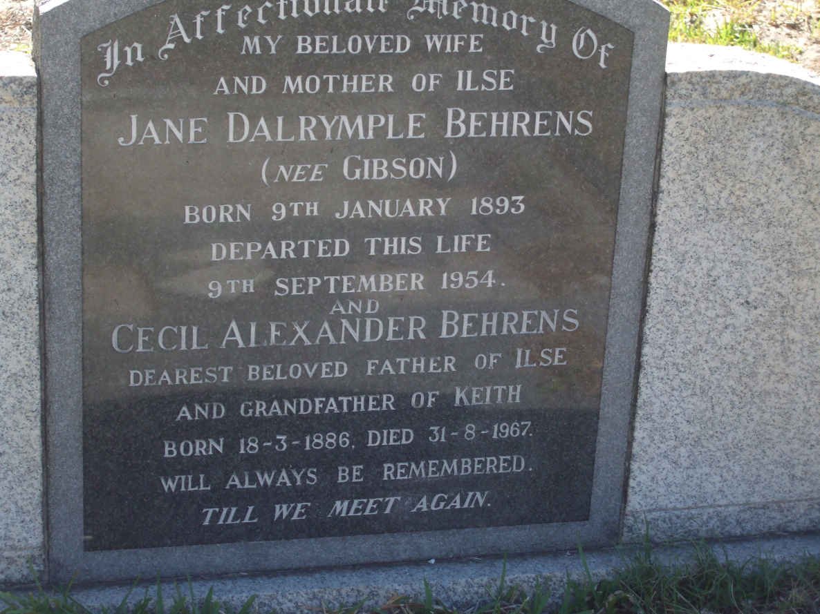 BEHRENS Cecil Alexander 1886-1967 &amp; Jane Dalrymple GIBSON 1893-1954