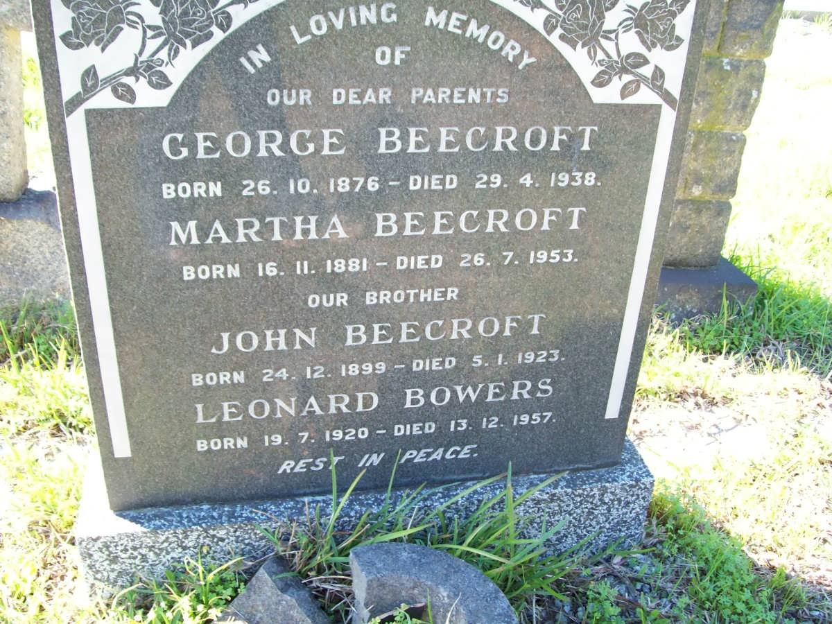 BEECROFT George 1876-1938 &amp; Martha 1881-1953 :: BEECROFT John 1899-1923 :: BOWERS Leonard 1920-1957