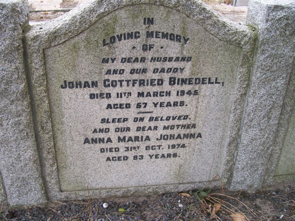 BINEDELL Johan Gottfried -1945 &amp; Anna Maria Johanna -1974