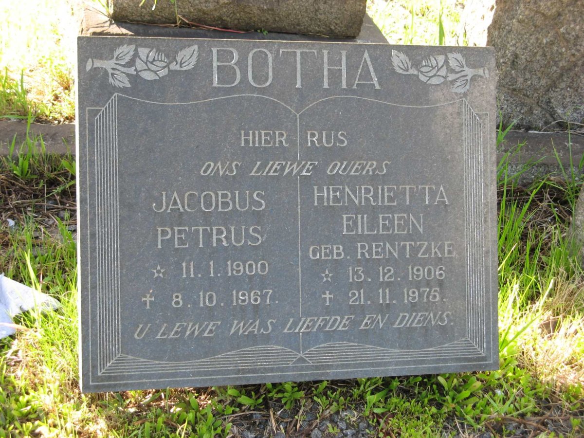 BOTHA Jacobus Petrus 1900-1967 &amp; Henrietta Eileen RENTZKE 1906-1976