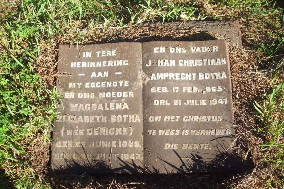 BOTHA Johan Christiaan Lamprecht 1865-1947 &amp; Magdalena Elizabeth GERICKE 1869-1943