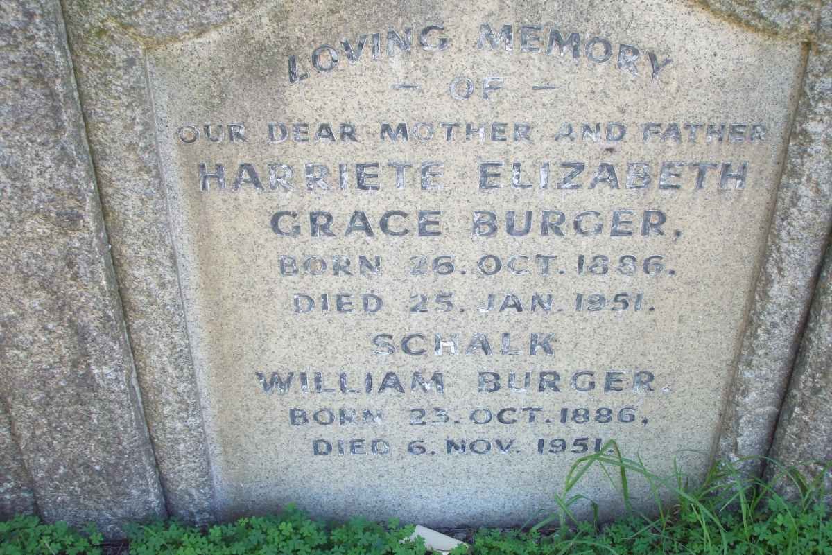 BURGER Schalk William 1886-1951 &amp; Harriete Elizabeth Grace 1886-1951