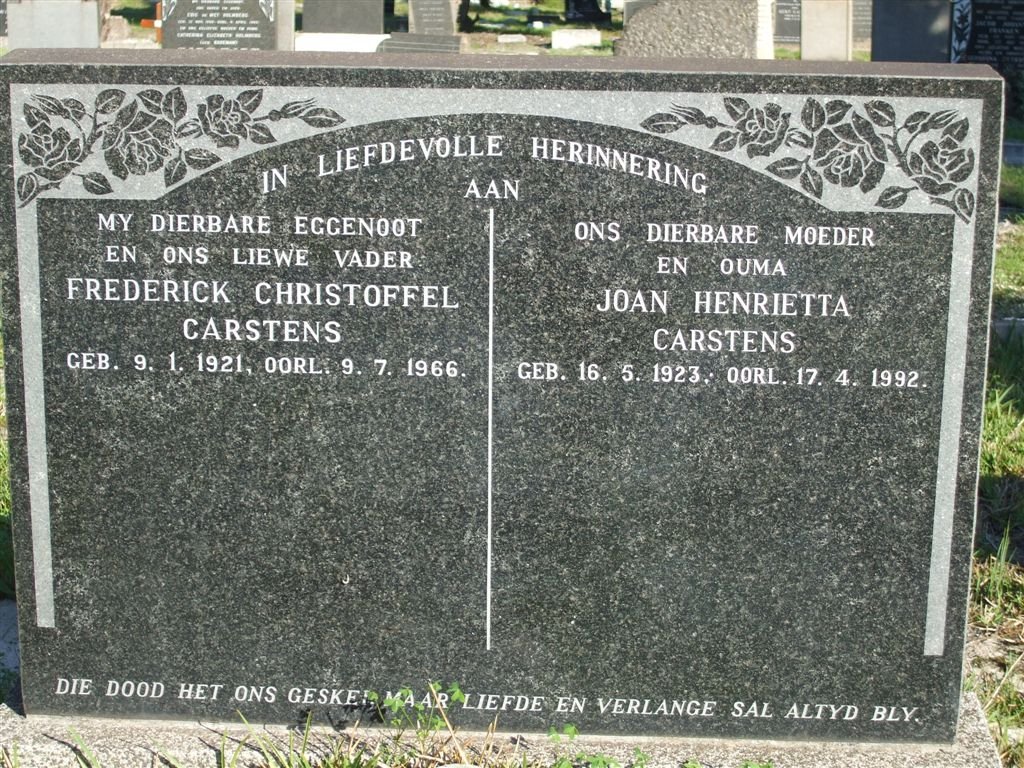 CARSTENS Frederick Christoffel 1921-1966 &amp; Joan Henrietta 1923-1992