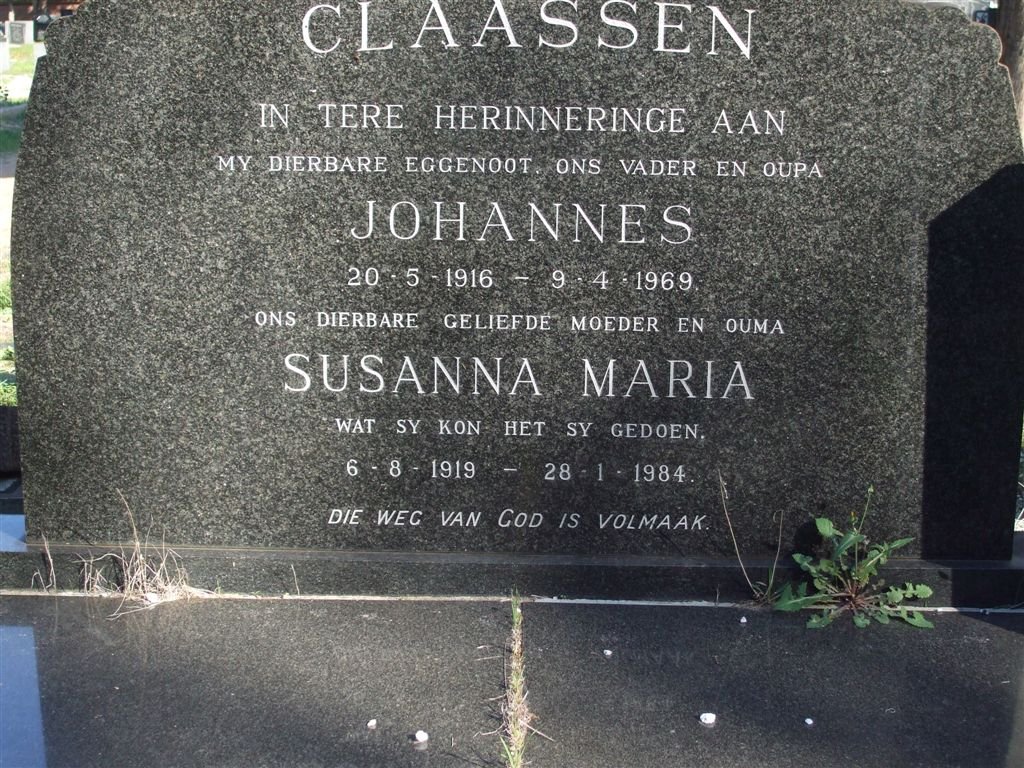 CLAASSEN Johannes  1916-1969 &amp; Susanna Maria 1919-1984