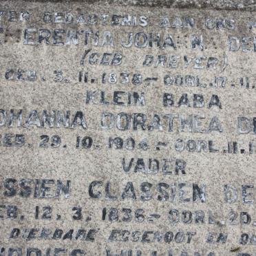 DEKENAH Kassien Classien 1836-1908 :: DREYER Johanna Dorothea 1904-1904 :: DEKENAH Gertruida Johanna nee DREYER 1882-1950