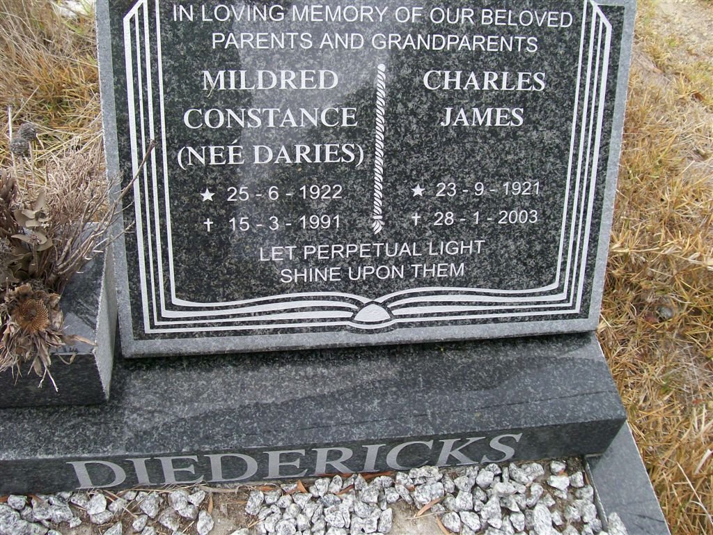 DIEDERICKS Charles James 1921-2003 &amp; Mildred Constance DARIES 1922-1991