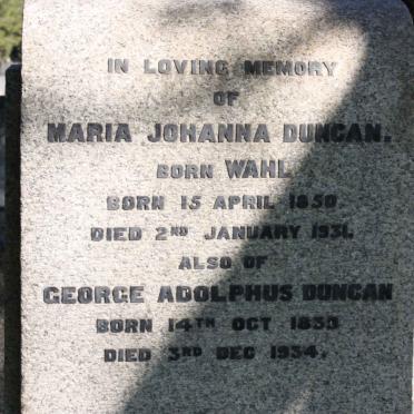 DUNCAN George Adolphus 1839-1934 &amp; Maria Johanna WAHL 1850-1931
