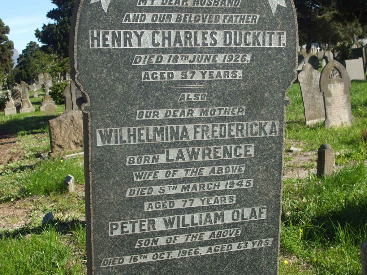 DUCKITT Henry Charles -1926 &amp; Wilhelmina F.LAWRENCE -1945 :: DUCKITT Peter W. Olaf -1966 