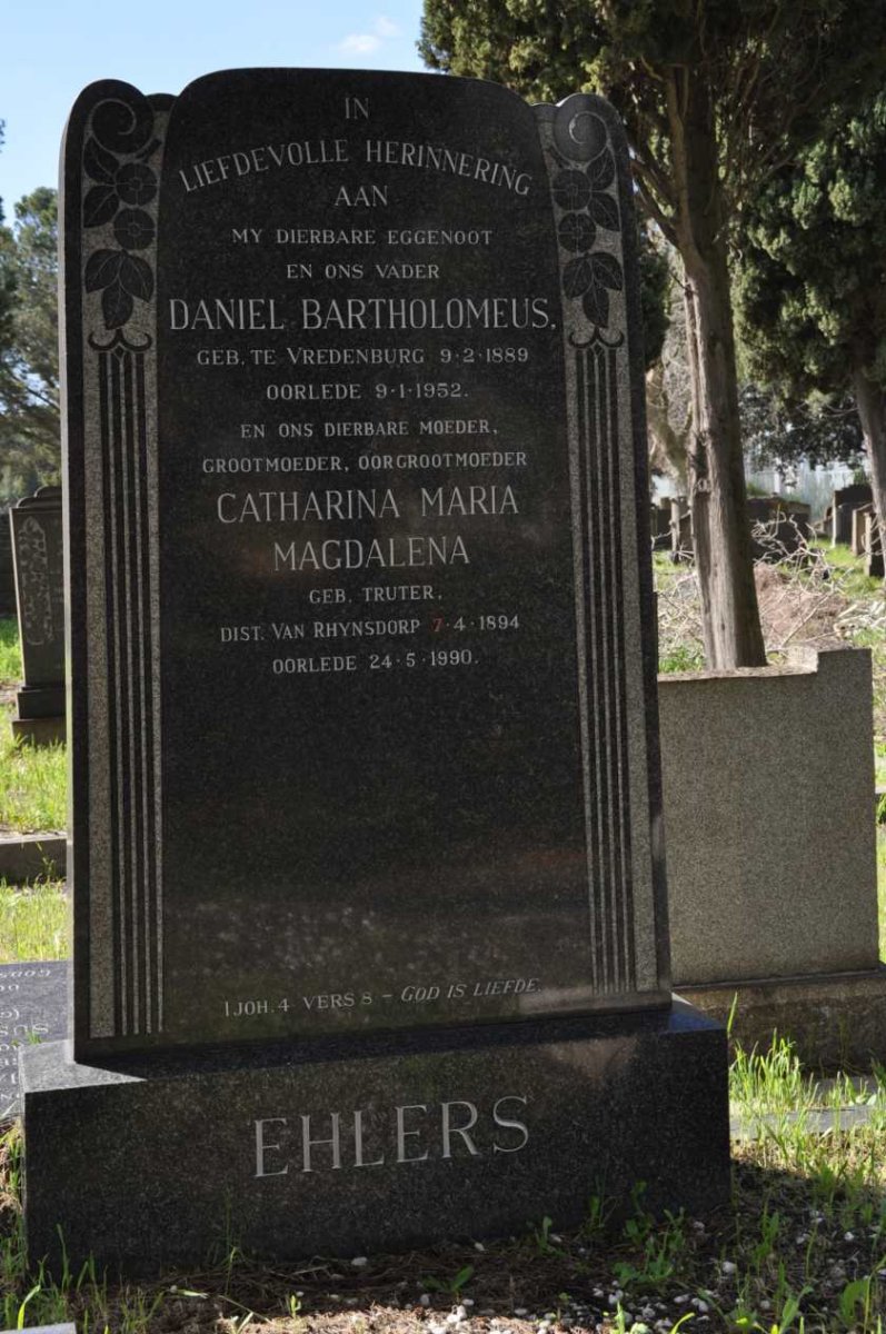 EHLERS Daniel Bartholomeus 1889-1952 &amp; Catharina Maria Magdalena TRUTER 1894-1990