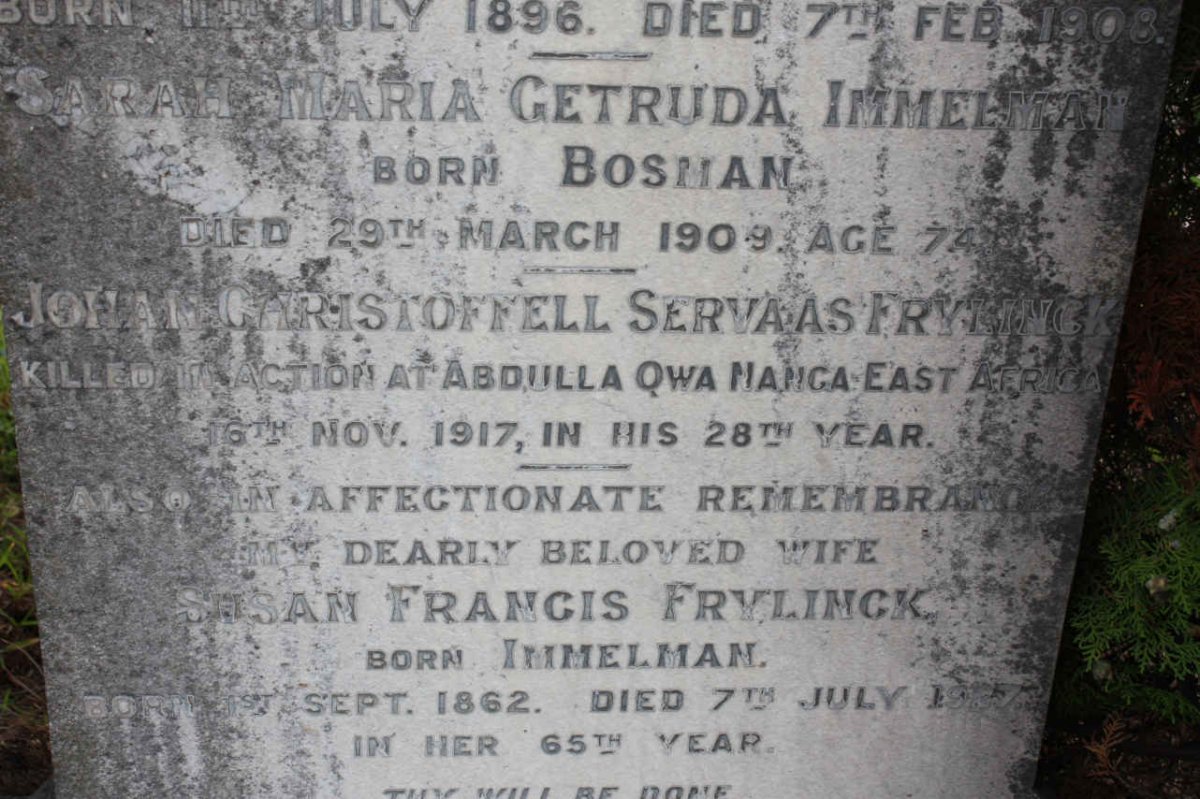 IMMELMAN Sarah Maria Gertruida nee BOSMAN -1909 :: FRYLINCK Johan Christoffell Servaas -1917