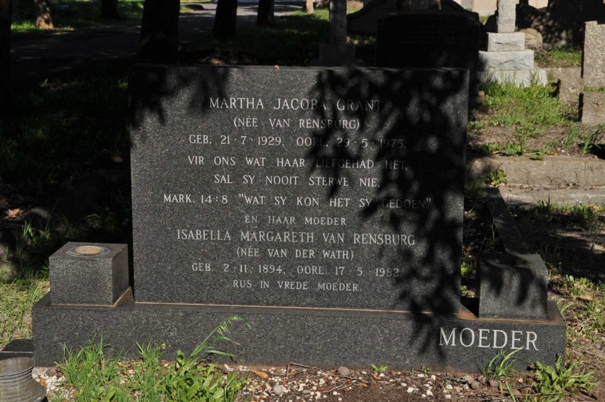 GRANT Martha Jacoba nee VAN RENSBURG 1929-1975 :: RENSBURG Isabella Margareth, van nee VAN DER WATH 1894-1982