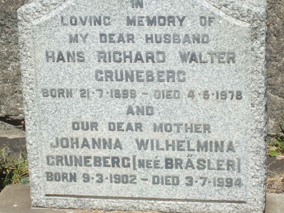 GRUNEBERG Hans Richard Walter 1899-1978 :: GRUNEBERG Johanna Wilhelmina nee BRASLER 1902-1994